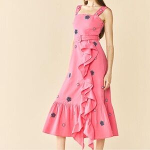 Pink Floral Ruffle Midi Dress